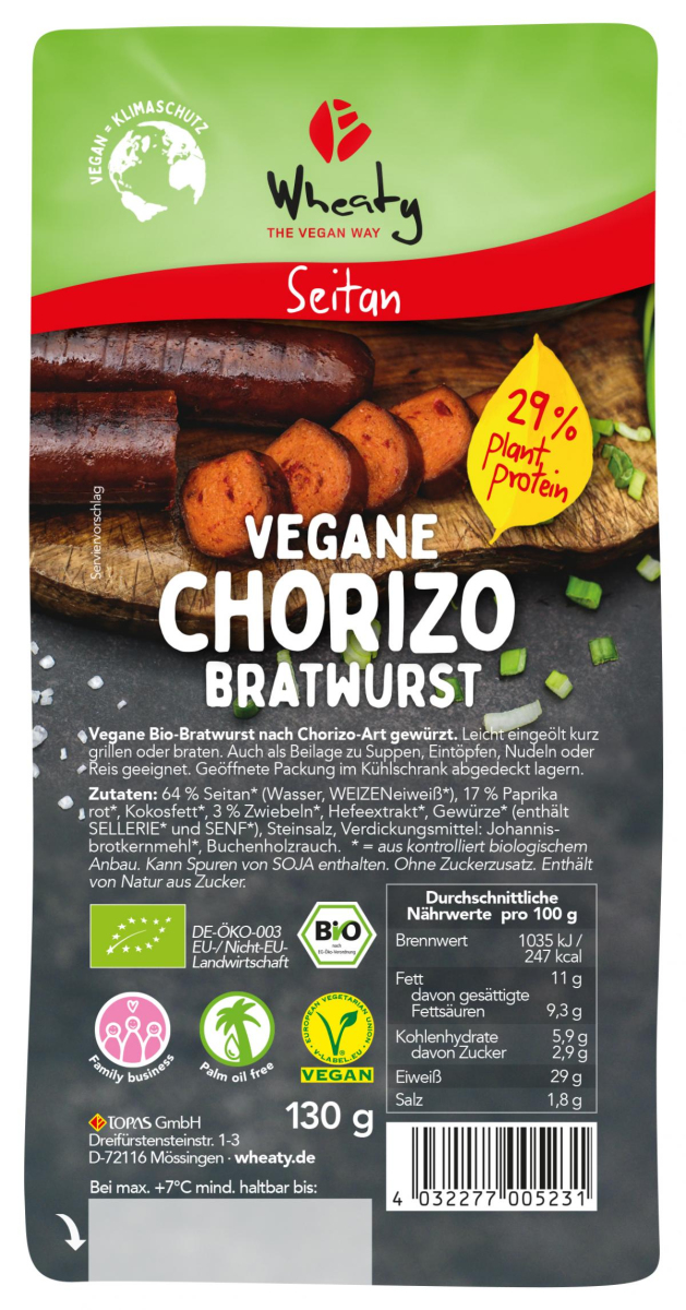 Wheaty Vegane Chorizo Bratwurst 130g WHE